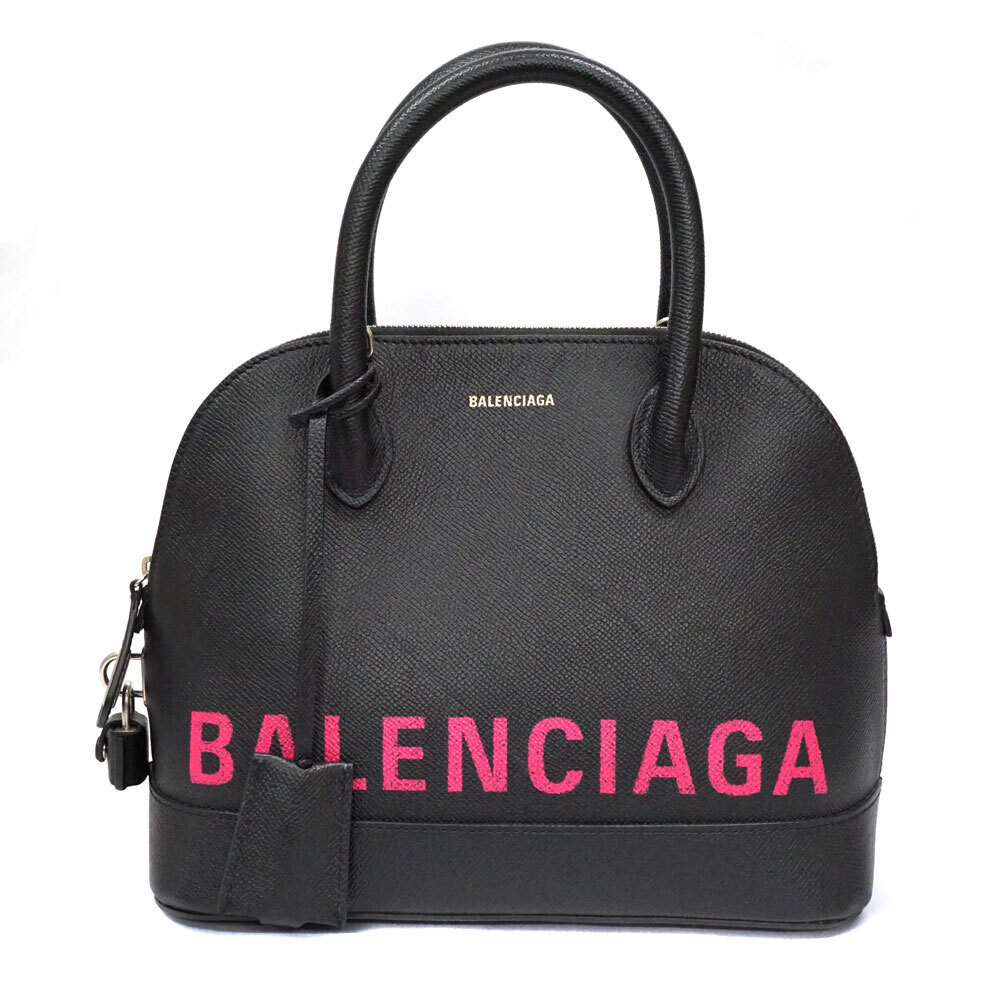 BALENCIAGA Ville Top Handle Handbag Shoulder Strap Leather Black Pink Logo